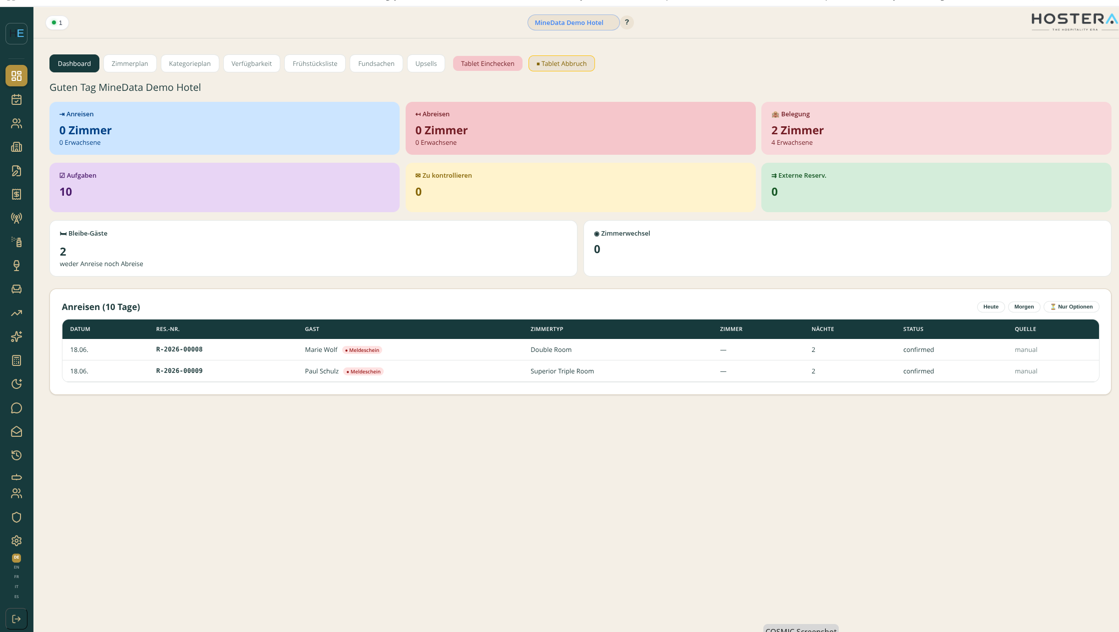 Hostera Hotel-PMS Dashboard mit An- und Abreisen, Belegung und Aufgaben
